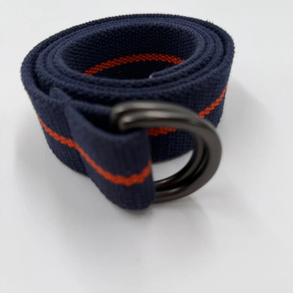 Navy Blue Orange Striped Woven Cotton D-Ring Belt Mens Canvas Webbing 40 Inch